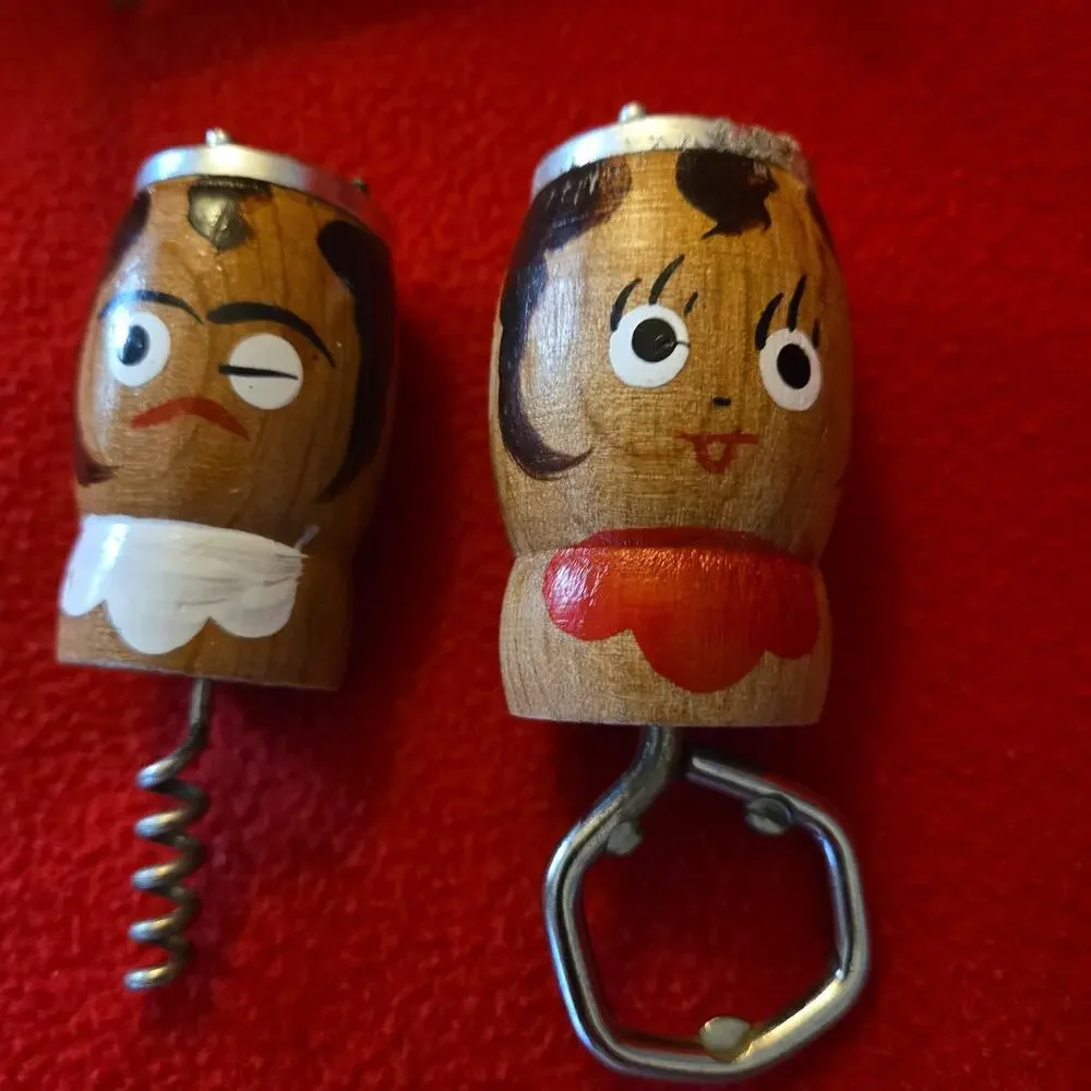 Vintage Wood Barware 3 pc set Salt Pepper Shakers Corkscrew Bottle Opener Faces